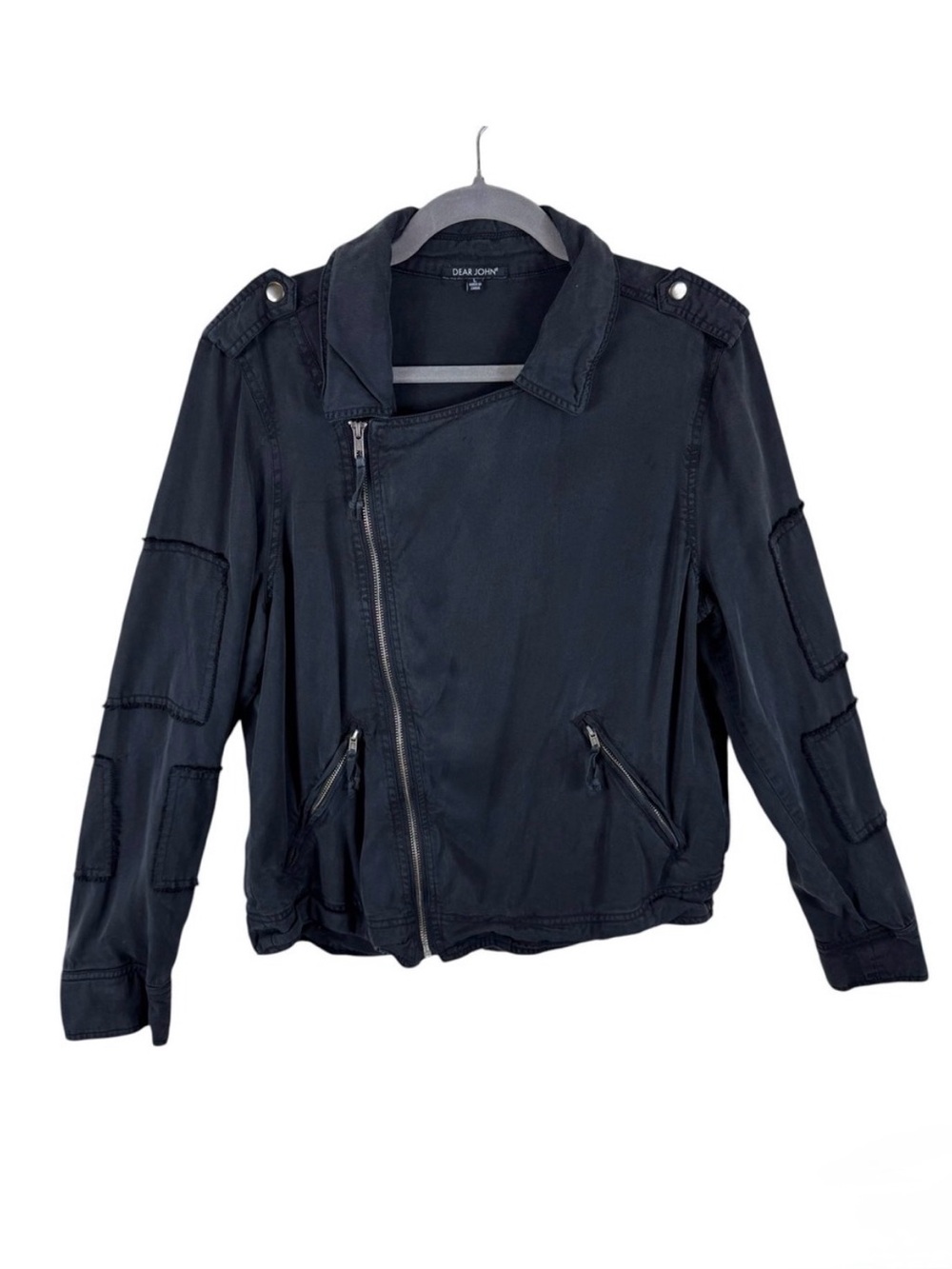 Dear John Black Monique Asymmetrical Full Zip‎ Patchwork Tencel Moto Jacket Sz L